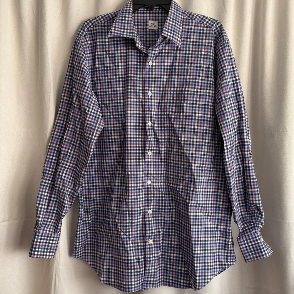 Peter Millar Men’s Purple Blue Gingham Print Long Sleeve Button Down Shirt Large